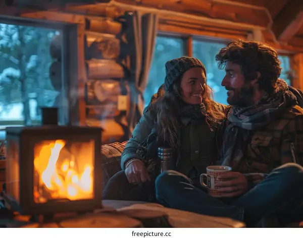 Couple sitting by the fireplace in a cozy cabin
