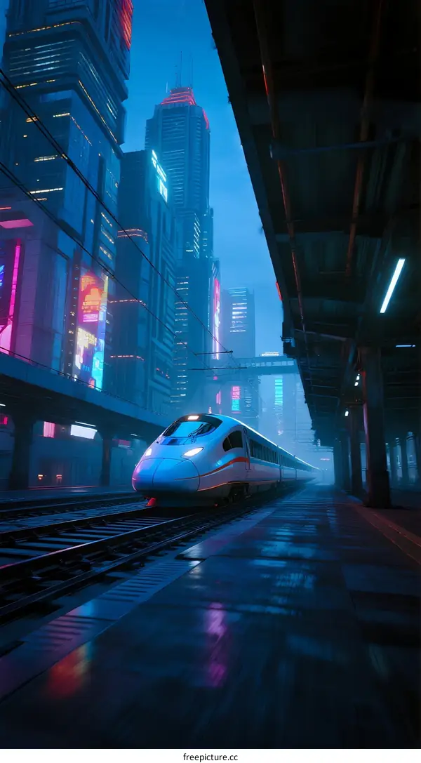 High-speed Train Arriving at Futuristic Urban Station at Night