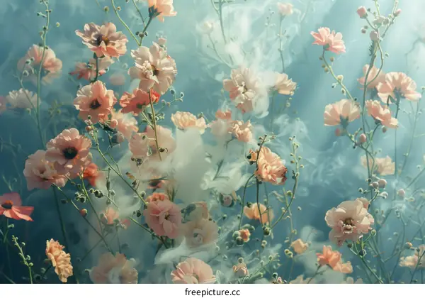 Ethereal Peach Blossom Flowers in Azure Mist