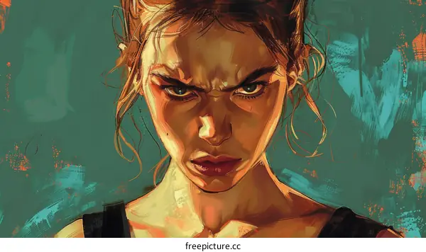 A portrait of a young woman with brown hair and green eyes. She is wearing a black tank top and has a serious expression on her face.