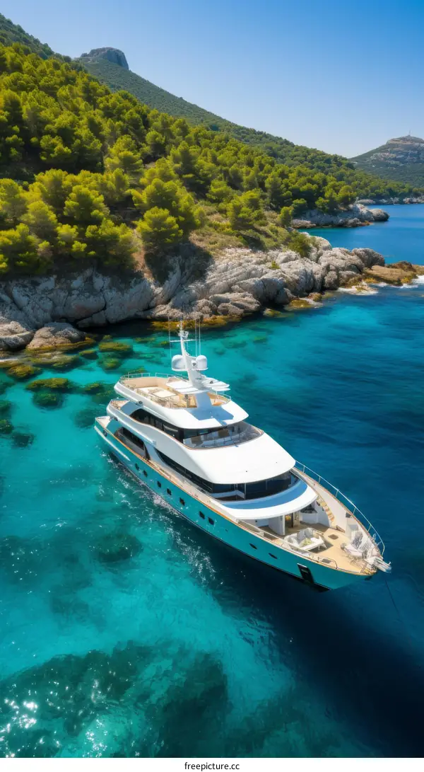 A luxury yacht is anchored in a beautiful bay with crystal clear water. The yacht is surrounded by lush green hills and rocky cliffs.