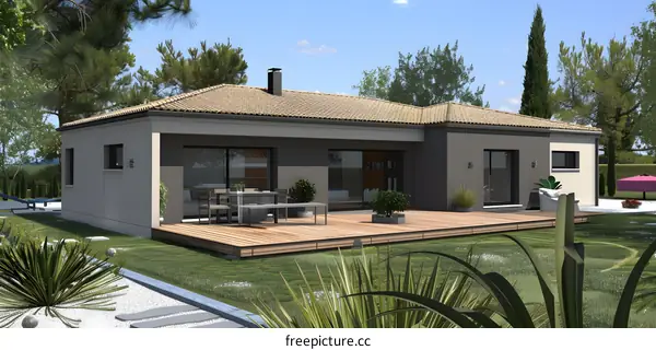 Modern House with Wooden Deck and Lush Greenery