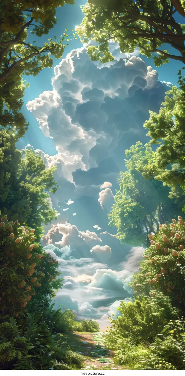 Towering Trees and Blue Skies with White Clouds in a Forest