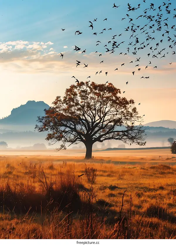 Lonely Tree In A Field Of Grass With Birds Flying In The Sky
