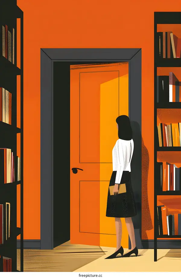 Woman Standing in a Room with an Open Door and Bookshelf