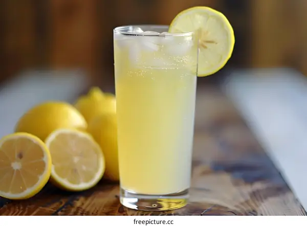 Glass of Lemonade with Lemon Slices and Ice