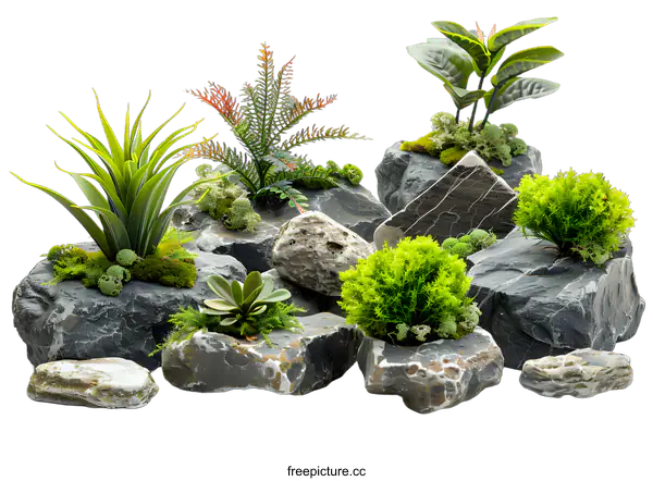 [Transparent Background PNG]Still life of green plants on gray rocks