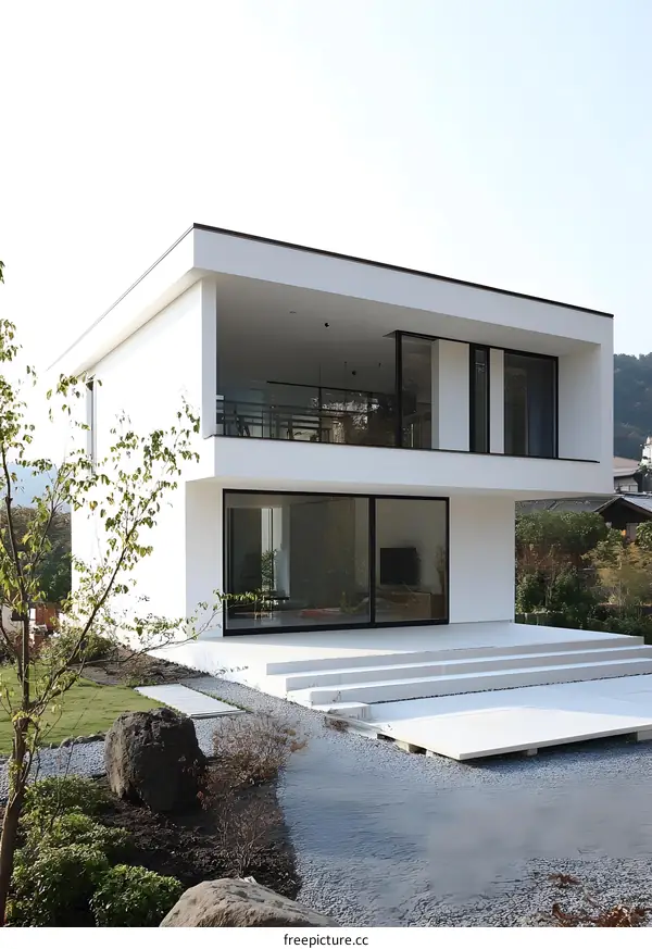 Modern White House with Large Windows and Gravel Yard