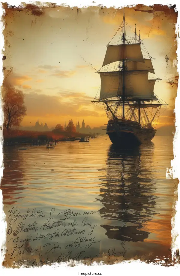 A ship sails on a river past a city at sunset