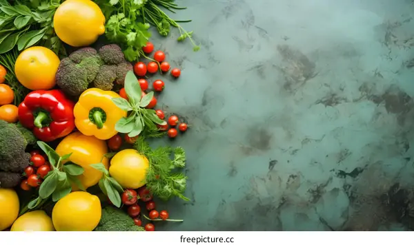 A variety of fresh vegetables and herbs on a green background