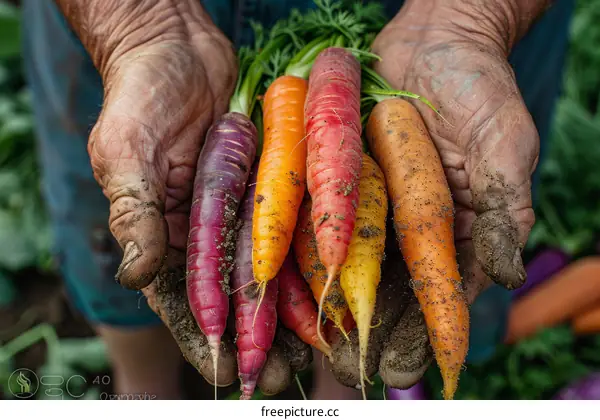 A farmer holding a handful of freshly harvested carrots