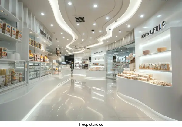 Modern Grocery Store Interior with White Walls and Bright Lighting