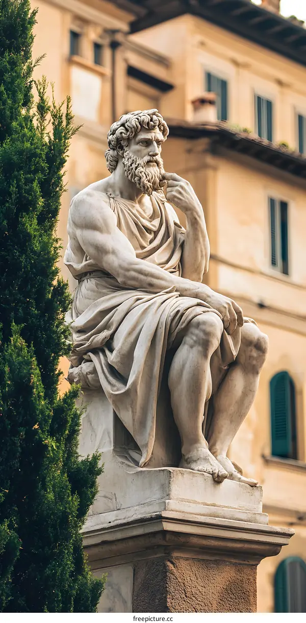 Marble Statue of a Man Sitting on a Stone Base