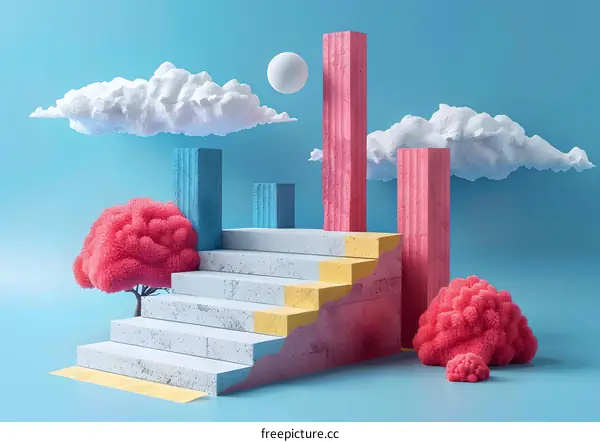Pink and blue podium with stairs and abstract trees