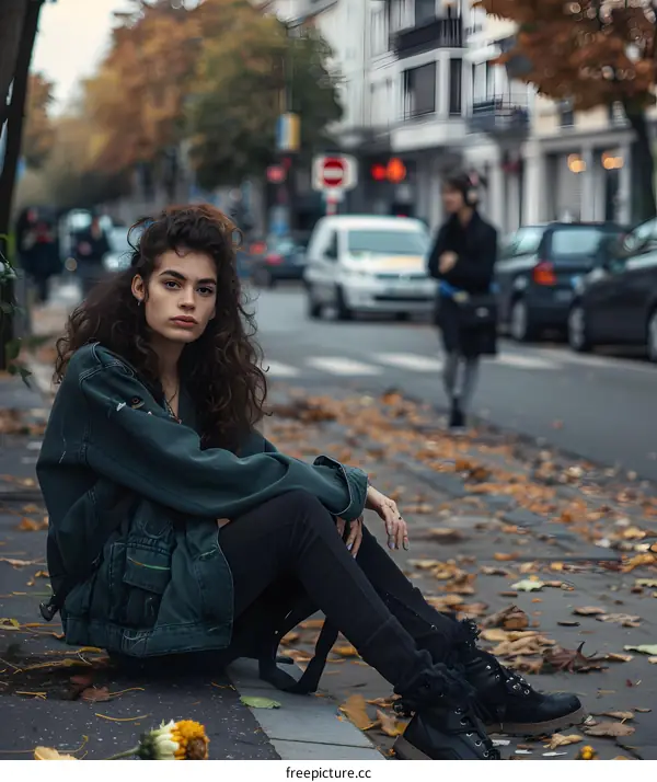 Woman Sitting on Sidewalk in City Street During Fall