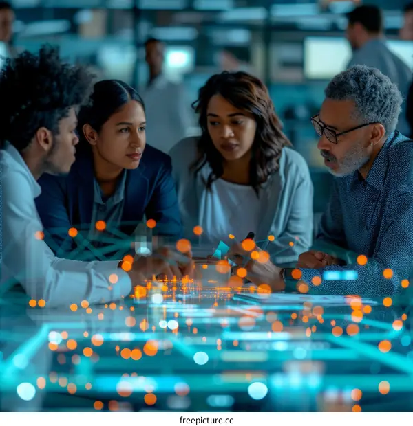 Diverse group of business professionals discussing a project using futuristic technology