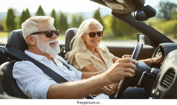 Senior Couple Enjoying a Scenic Road Trip in a Convertible