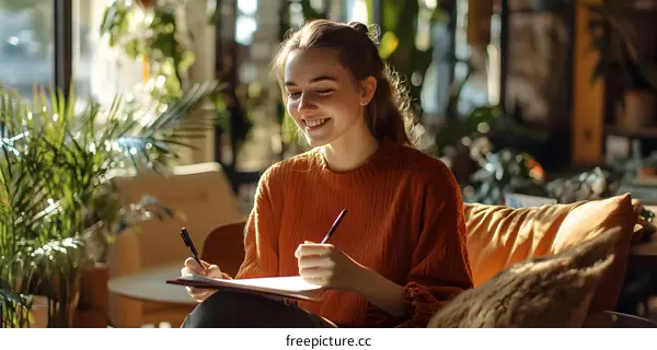 Smiling Woman Writing in a Notebook in a Cafe