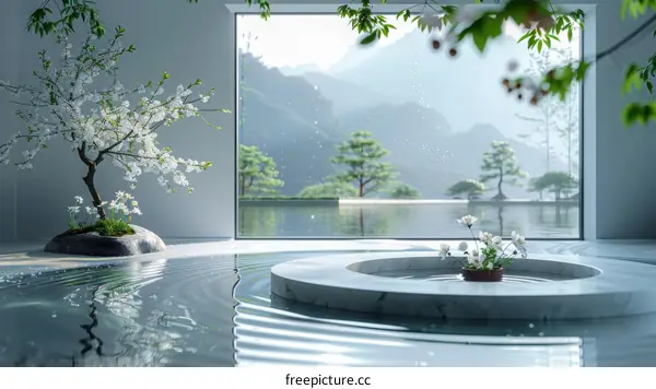 Tranquil Japanese Garden with White Blossoms and a Stone Basin