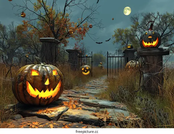 Halloween Pumpkin with Ghost in Graveyard