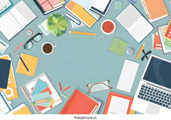 Top View Flat Lay Illustration of a Desk with Books, Office Supplies, and a Laptop