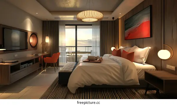 Modern Hotel Bedroom with Ocean View