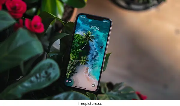 Mobile Phone Screen with Beach Wallpaper and Green Leaves