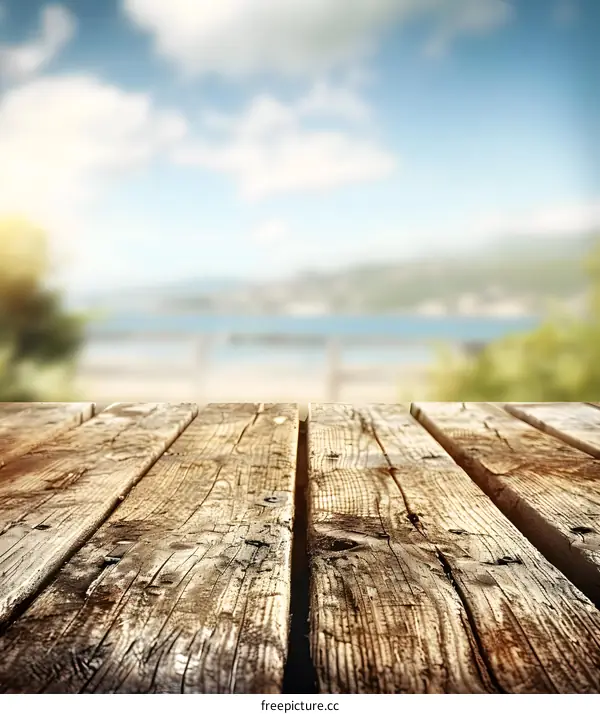 Wooden Tabletop with Blurred Beach and Sky Background