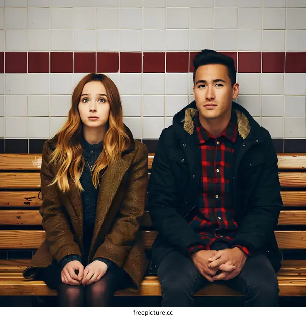 Couple Sitting on Bench in Subway Station