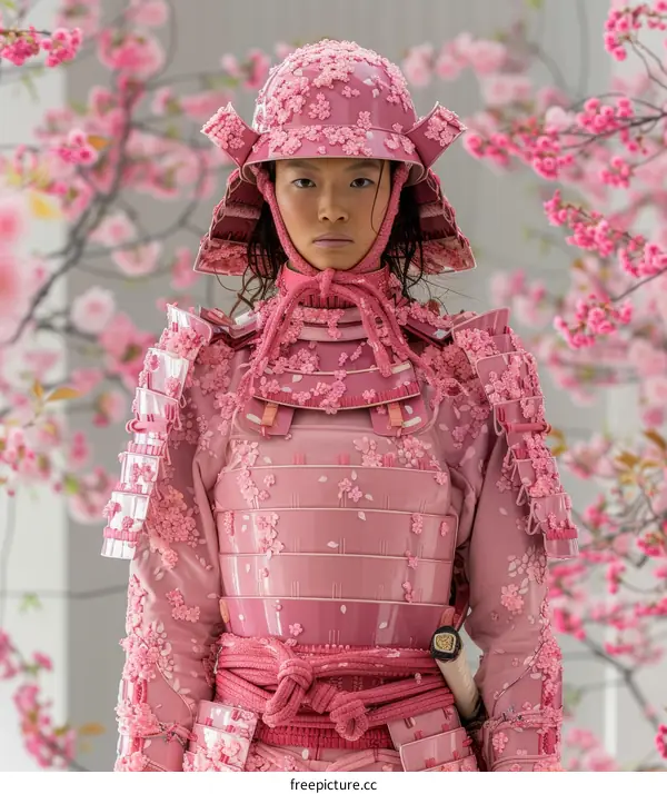 Woman Warrior in Pink Samurai Armor with Cherry Blossoms