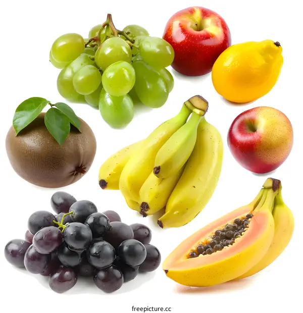 Fresh Fruit Collage with Green Grapes, Red Apples, Bananas, Kiwi, Papaya and Lemon