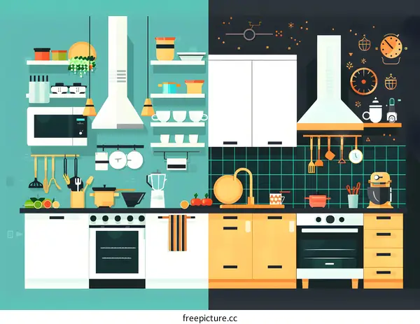 Modern Kitchen Illustration with Light and Dark Colors