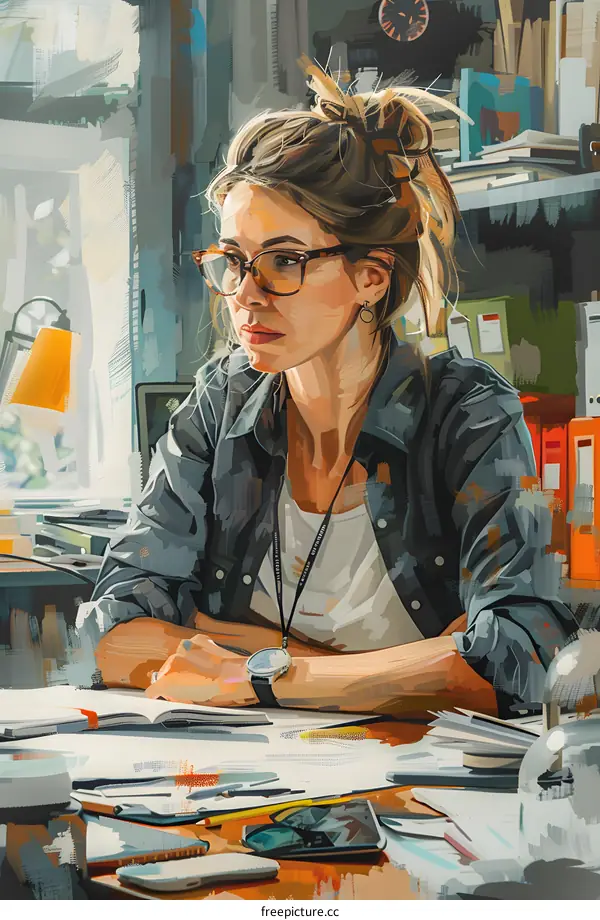 portrait of a woman wearing glasses and a blue shirt sitting at a desk in an office