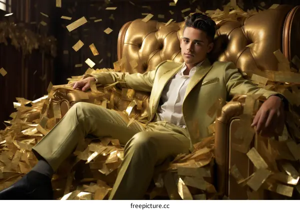 Young man in green suit sitting in golden chair with golden confetti falling