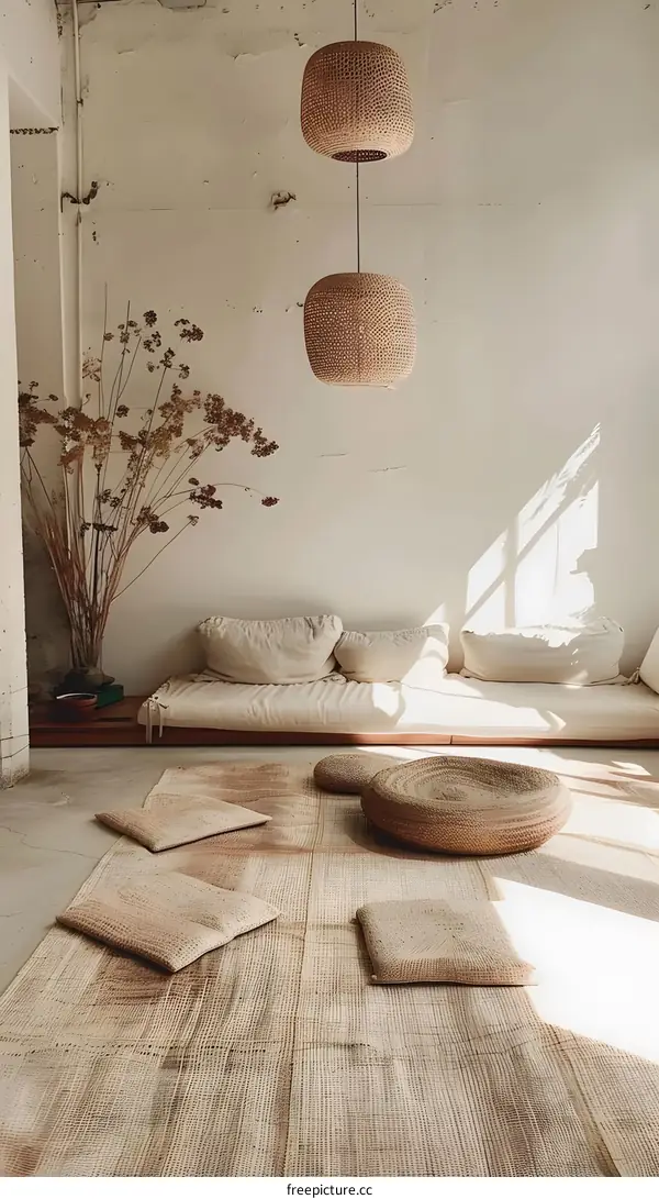Minimalist Living Room with Rattan Lamps and Natural Textures