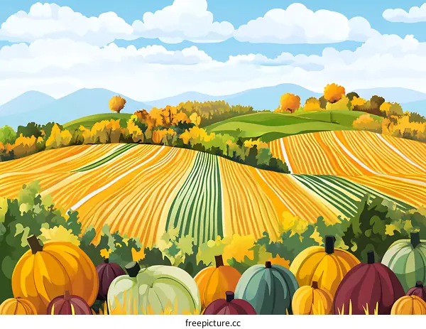 Autumn Landscape with Pumpkins and Rolling Hills