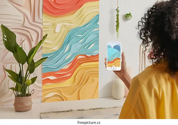 Woman Holding Smartphone With Abstract Art On Screen