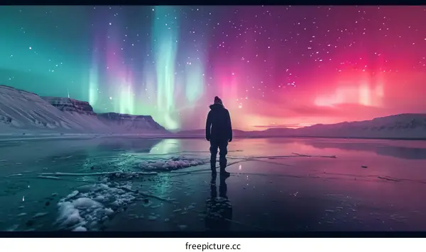 Aurora borealis landscape with a person standing on a frozen lake