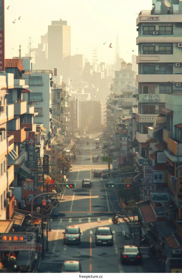 Busy City Street with Cars and Buildings