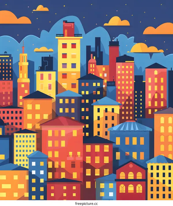 Nighttime Cityscape with Colorful Buildings and Stars