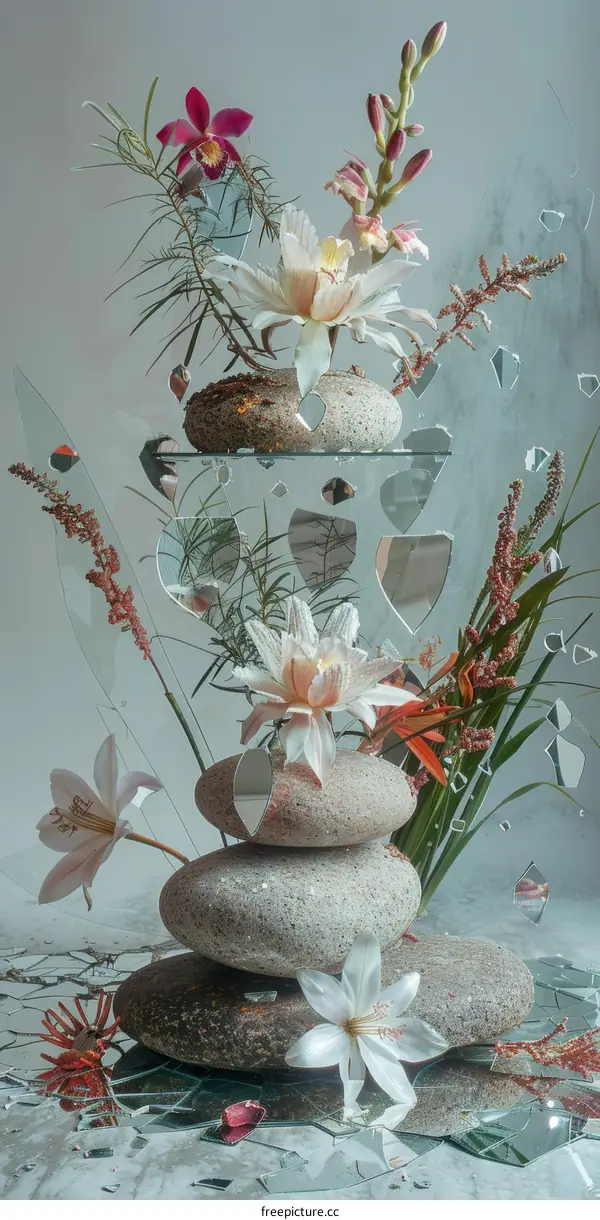 Still life with flowers and rocks on broken glass