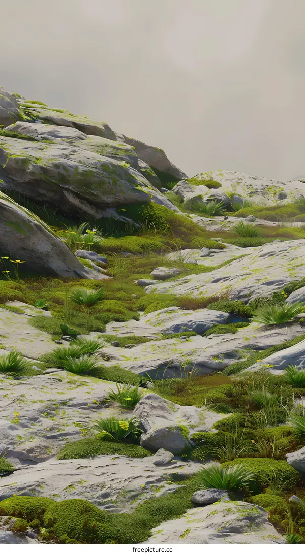 Green Mossy Rocks and Grass Landscape