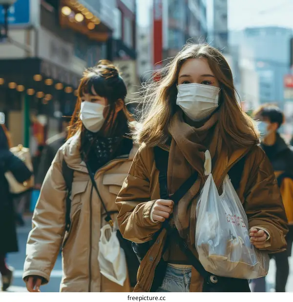 Two women wearing surgical masks walk down a crowded street in Japan