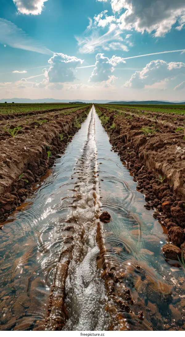 A Long Narrow Stream of Water in a Farm Field
