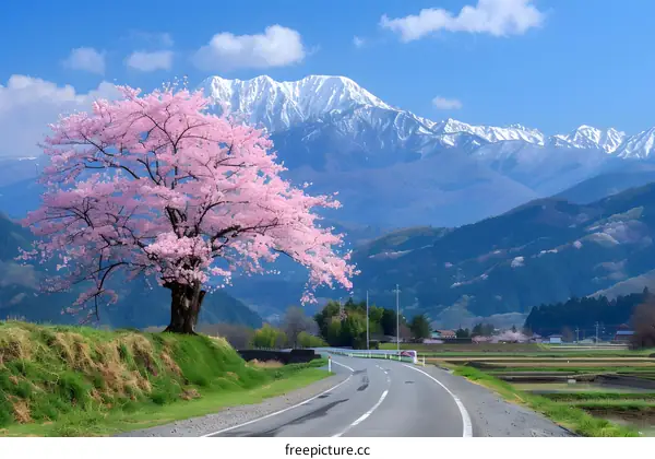 Cherry Blossom Road with Mountain View