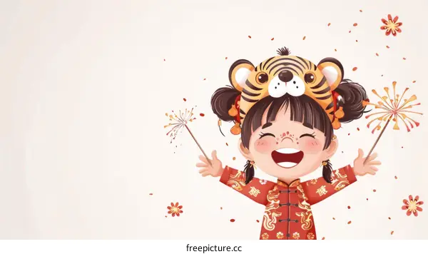 A cute cartoon girl wearing a tiger hat and holding firecrackers