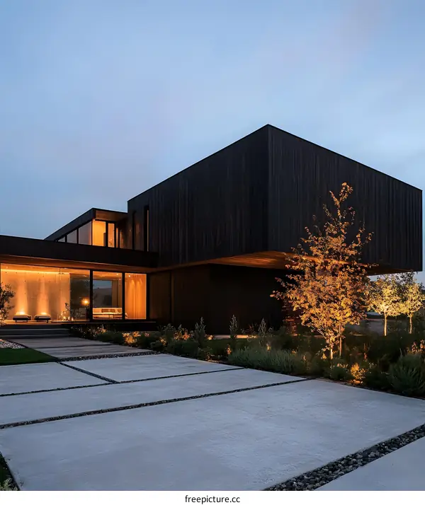 Modern Black Wooden House with Stone Patio and Landscaping