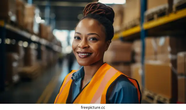 Portrait of a smiling African American woman in a warehouse.