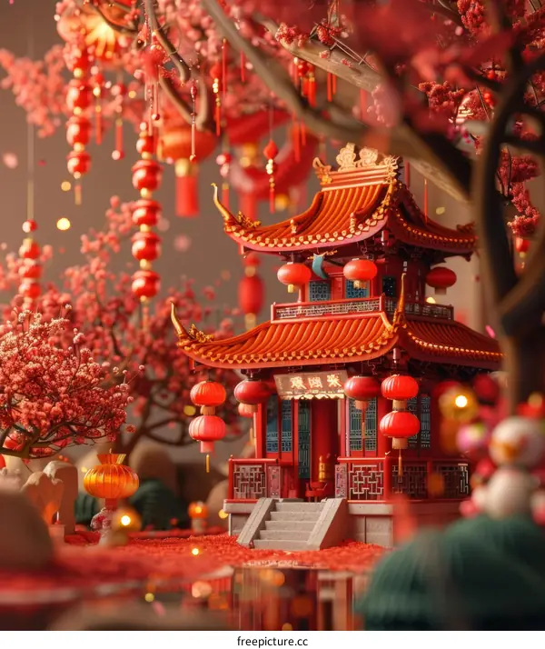 Traditional Chinese Pavilion with Red Lanterns