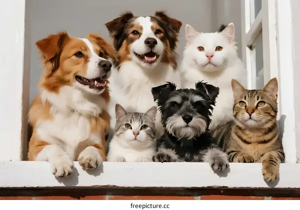 A group of various pets including dogs and cats posing together